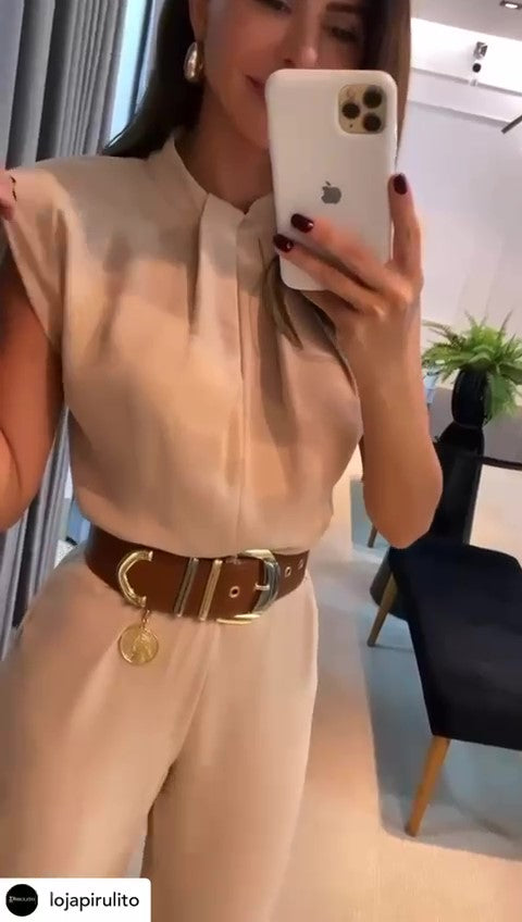 Tuta Elegante Intera Spalline Strutturate Jumpsuit Casual con Fiocco e Cintura in Beige o Nero - 7504