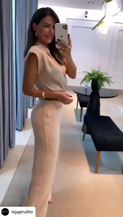 Tuta Elegante Intera Spalline Strutturate Jumpsuit Casual con Fiocco e Cintura in Beige o Nero - 7504