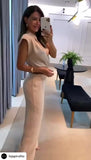 Tuta Elegante Intera Spalline Strutturate Jumpsuit Casual con Fiocco e Cintura in Beige o Nero - 7504