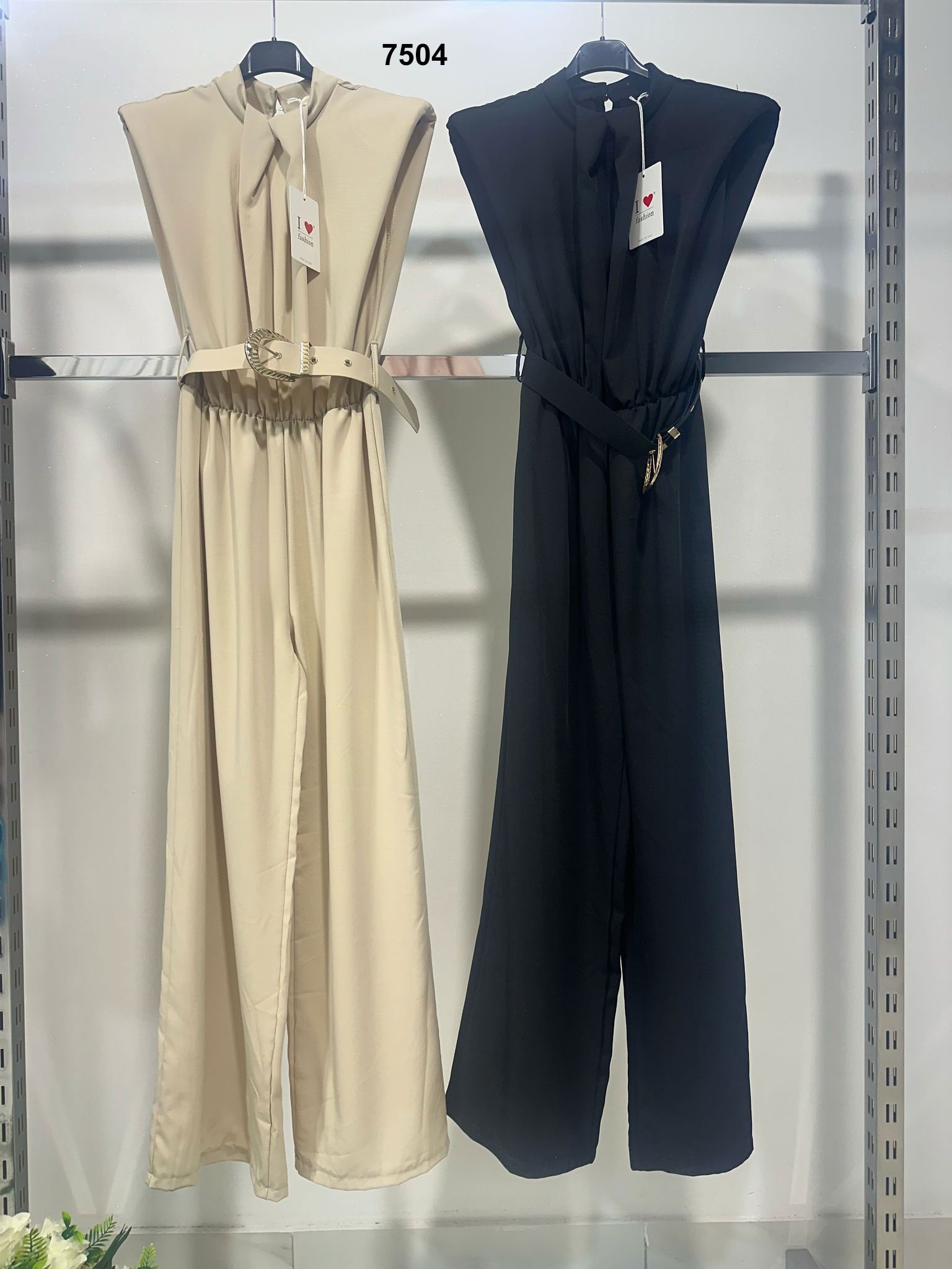 Tuta Elegante Intera Spalline Strutturate Jumpsuit Casual con Fiocco e Cintura in Beige o Nero - 7504