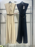 Tuta Elegante Intera Spalline Strutturate Jumpsuit Casual con Fiocco e Cintura in Beige o Nero - 7504