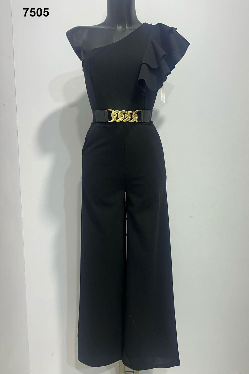 Tuta Elegante Intera Cerimonia Nera Monospalla con Rouche Cintura Gioiello Oro Jumpsuit Evento - 7505