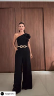 Tuta Elegante Intera Cerimonia Nera Monospalla con Rouche Cintura Gioiello Oro Jumpsuit Evento - 7505
