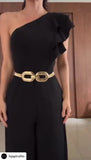 Tuta Elegante Intera Cerimonia Nera Monospalla con Rouche Cintura Gioiello Oro Jumpsuit Evento - 7505