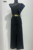Tuta Elegante Intera Cerimonia Nera Monospalla con Rouche Cintura Gioiello Oro Jumpsuit Evento - 7505