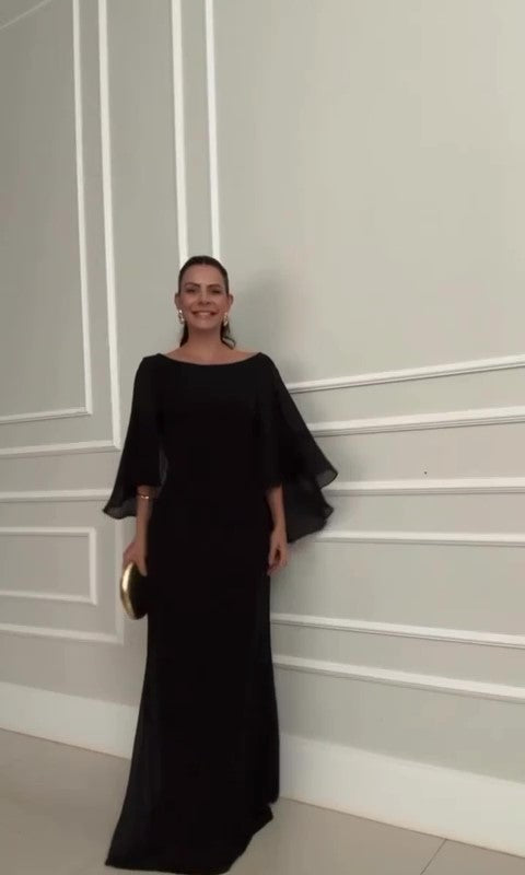 Abito Lungo Nero Elegante da Cerimonia Maglia Effetto Scialle in Velo Vestito Evento Donna - 7506