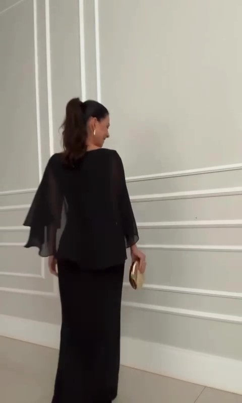 Abito Lungo Nero Elegante da Cerimonia Maglia Effetto Scialle in Velo Vestito Evento Donna - 7506