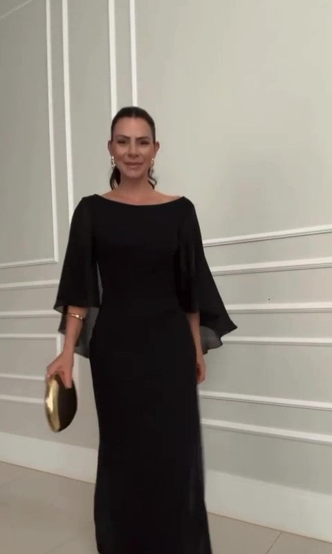 Abito Lungo Nero Elegante da Cerimonia Maglia Effetto Scialle in Velo Vestito Evento Donna - 7506