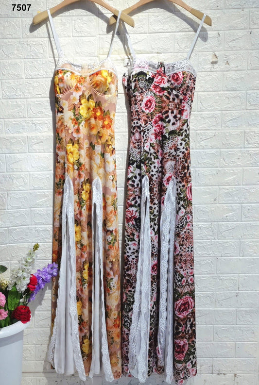 Abito Lungo Estate Doppio Scollo Profondo con Merletto Vestito Serata Sensuale Stampa Astratta in 2 Colori - 7507