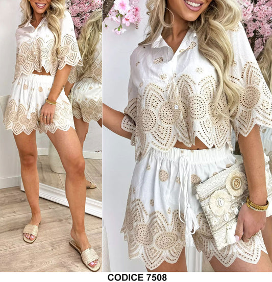 Completo Estate Camicia Mezza Manica Pantaloncini Shorts Stampa Astratta Coordinato Bianco e Beige - 7508