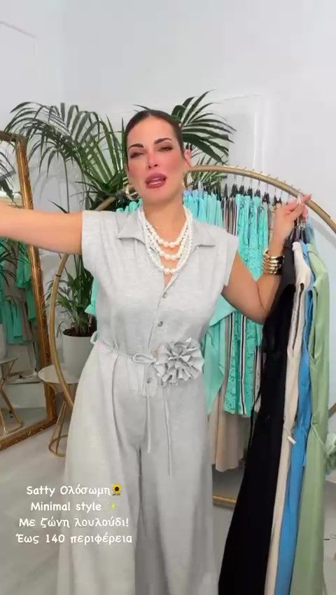 Tuta Intera Casual Giromanica Effetto Chemisier Cinturina con Fiore Jumpsuit Estate Aperitivo in 8 Colori - 7509