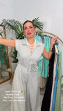 Tuta Intera Casual Giromanica Effetto Chemisier Cinturina con Fiore Jumpsuit Estate Aperitivo in 8 Colori - 7509