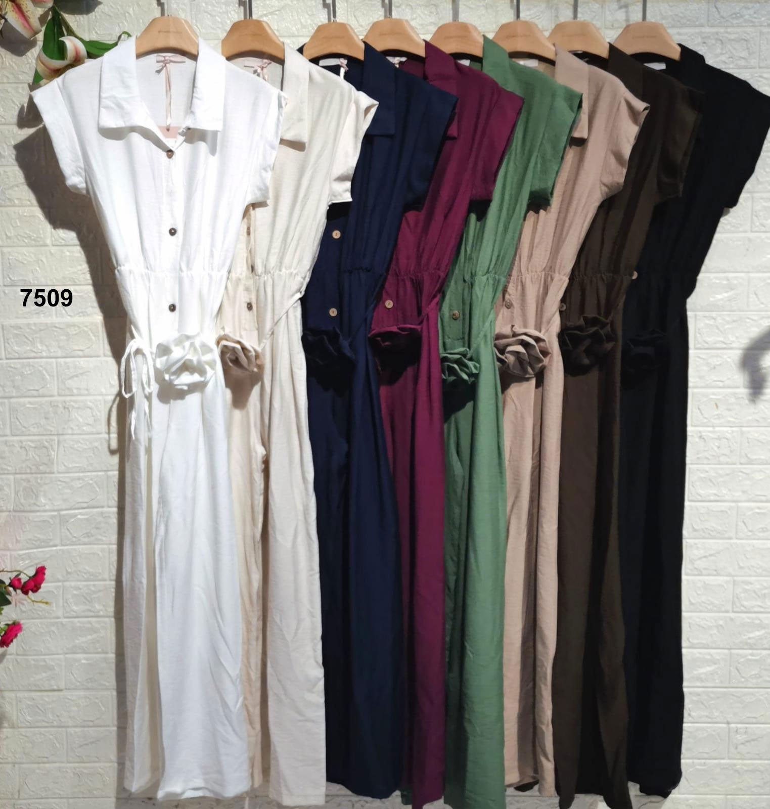 Tuta Intera Casual Giromanica Effetto Chemisier Cinturina con Fiore Jumpsuit Estate Aperitivo in 8 Colori - 7509
