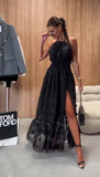 Abito Lungo Elegante Cerimonia con Balza Applicazione Pon Pon Fashion Vestito con Spacco in 4 Colori - 7511