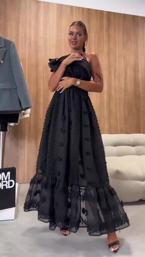 Abito Lungo Elegante Cerimonia con Balza Applicazione Pon Pon Fashion Vestito con Spacco in 4 Colori - 7511