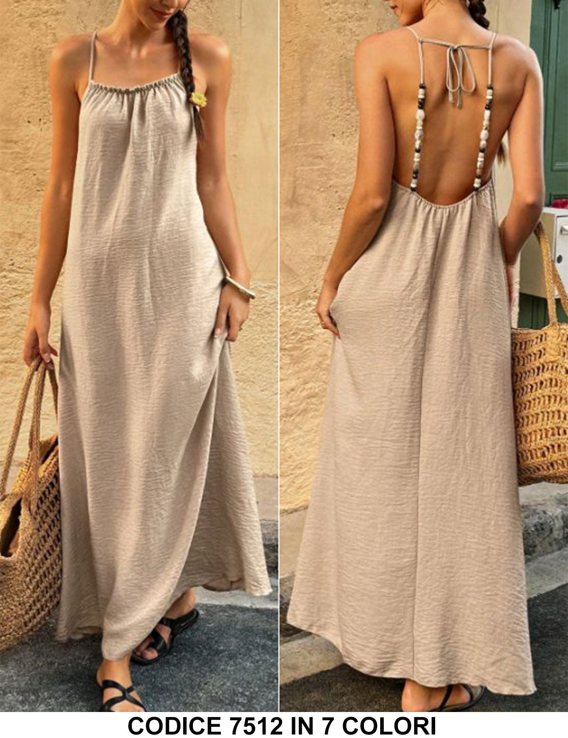 Abito Lungo Casual Estate Mare Schiena Scoperta Bretelle Collana Colorata Vestito in 7 Colori - 7512