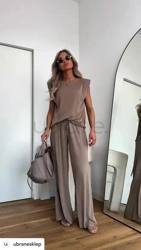 Completo Casual Maglia Smanicata Spallina Rialzata Pantalone Morbido Palazzo Coordinato in 4 Colori - 7514