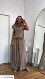 Completo Casual Maglia Smanicata Spallina Rialzata Pantalone Morbido Palazzo Coordinato in 4 Colori - 7514