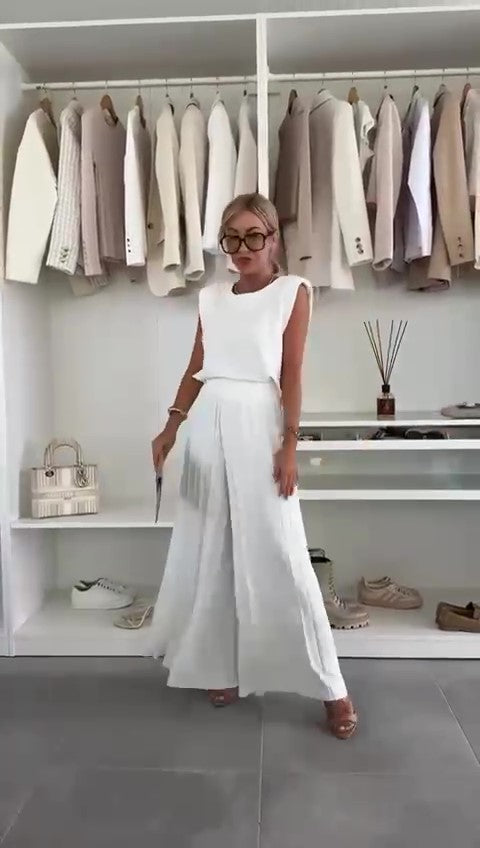 Completo Casual Maglia Smanicata Pantalone Plissettato Palazzo Coordinato Estate Fashion in 6 Colori - 7516