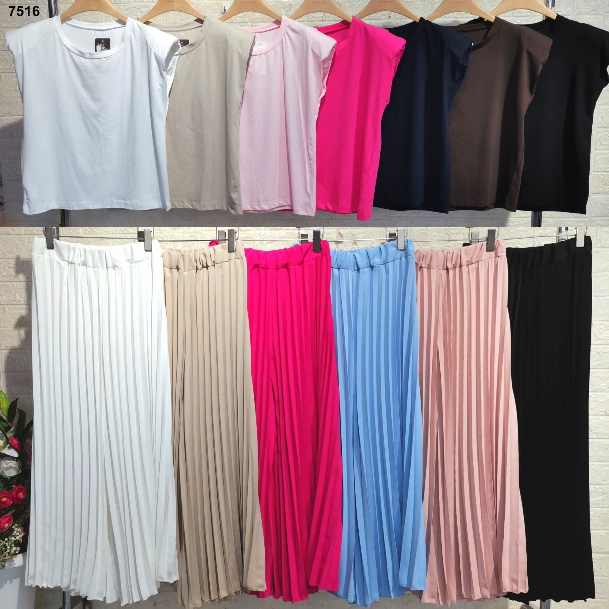 Completo Casual Maglia Smanicata Pantalone Plissettato Palazzo Coordinato Estate Fashion in 6 Colori - 7516