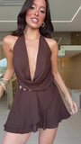 Tuta Intera Corta Tutina Schiena Scoperta Scollo Profondo Jumpsuit Elegante Sensuale Casual in 4 Colori - 7518