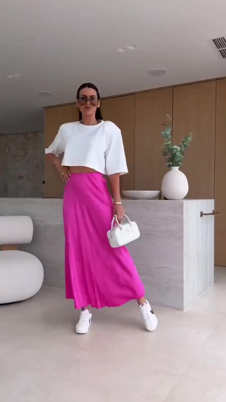 Completo Maglia Mezza Manica Gonna Lunga Rasata Lucida Coordinato Casual Fashio in 7 Colori - 7520