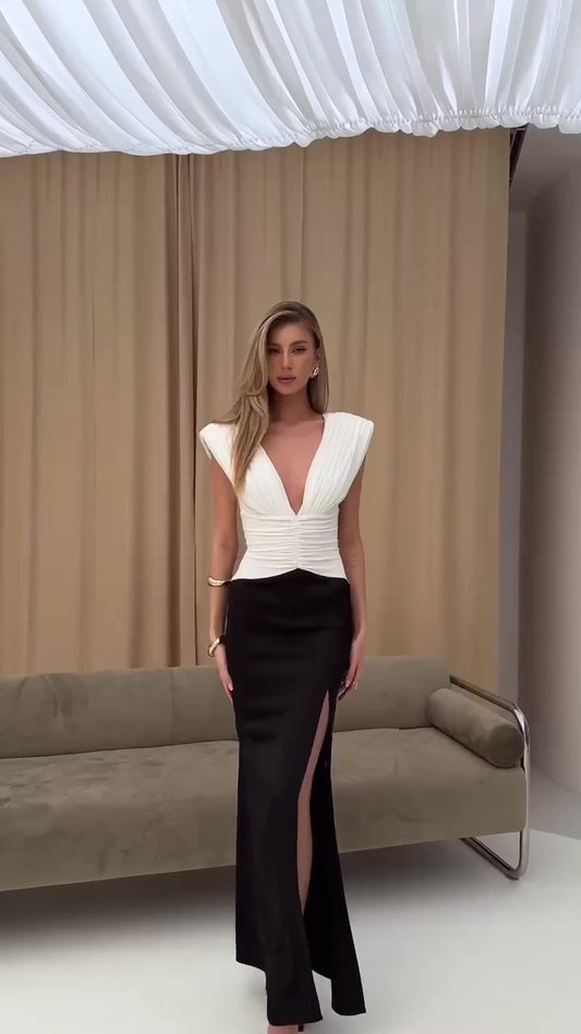 Abito Lungo Midi Bicolore Bianco e Nero Fascia Vita Grinzata Scollo V Vestito Elegante Cerimonia Evento - 7523