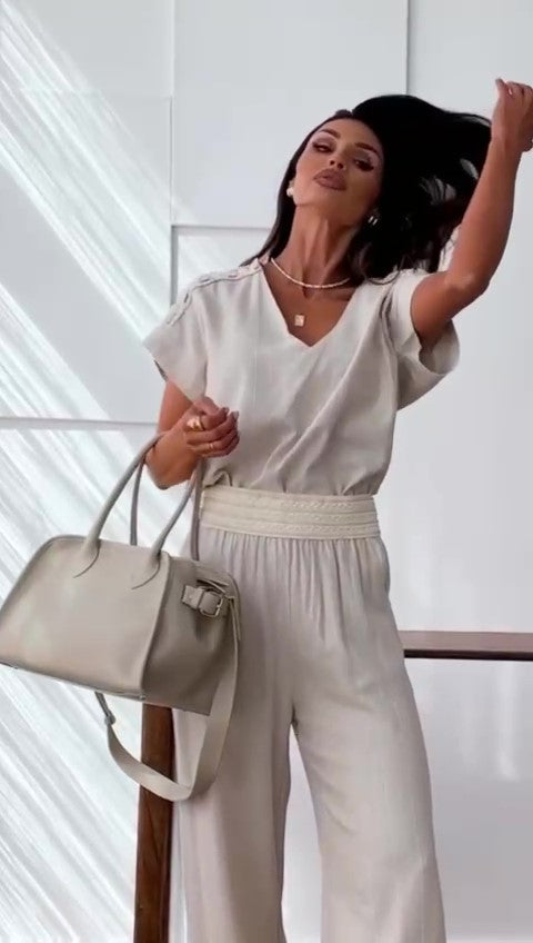 Completo Casual Elegante Maglia Mezza Manica Palazzo Pantalone Trama Traforata Merletto in 6 Colori - 7524