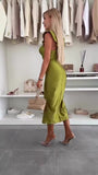 Abito Lungo Midi Rasato Spalline con Rouche Spacco Laterale Vestito Elegante Cerimonia Evento in 6 Colori - 7525
