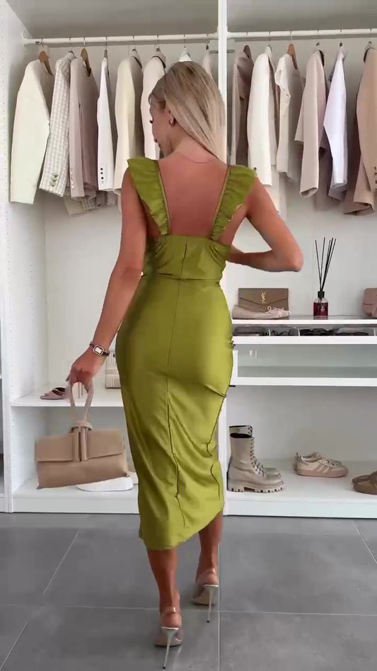 Abito Lungo Midi Rasato Spalline con Rouche Spacco Laterale Vestito Elegante Cerimonia Evento in 6 Colori - 7525