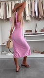 Abito Lungo Midi Rasato Spalline con Rouche Spacco Laterale Vestito Elegante Cerimonia Evento in 6 Colori - 7525