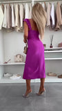 Abito Lungo Midi Rasato Spalline con Rouche Spacco Laterale Vestito Elegante Cerimonia Evento in 6 Colori - 7525