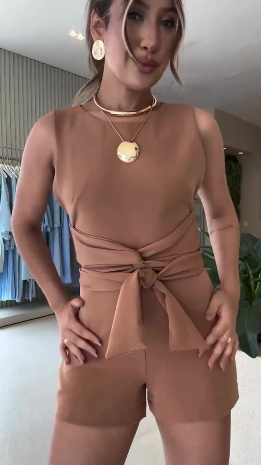 Tuta Intera Corta Smanicata con Fascia Modellabile Jumpsuit Casual Elegante in 6 Colori - 7527