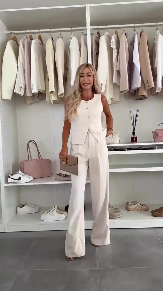 Completo Elegante Gilet Bottoni Oro Pantalone Palazzo Coordinato Tailleur Casual in Beige o Nero - 7528