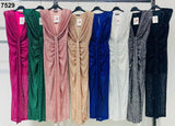 Abito Lungo Elegante da Cerimonia Smanicato Brillantini Fascia Rouche Lunga Vestito Evento in 8 Colori - 7529