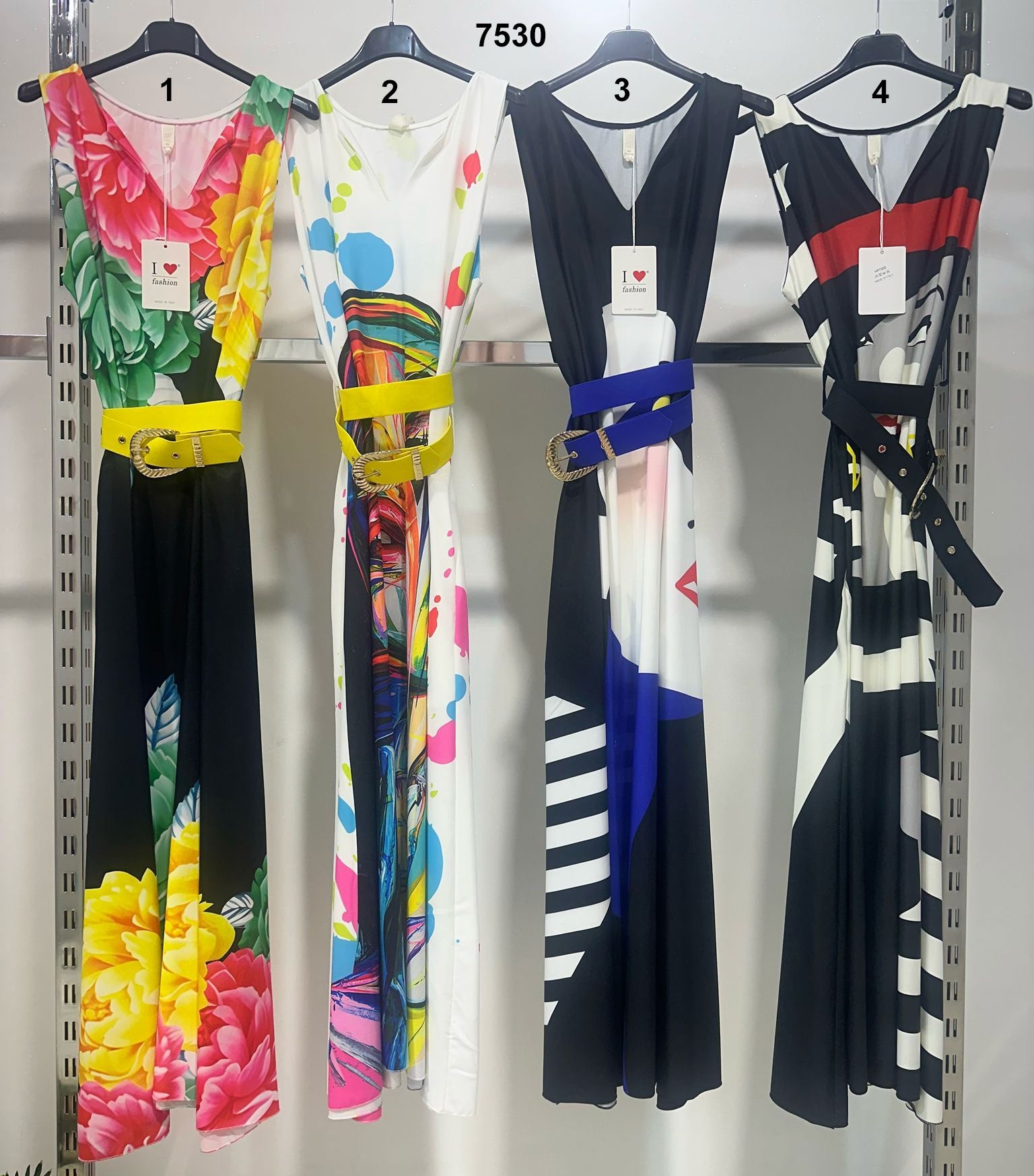 Abito Lungo Casual Colorato Multicolore Stampa Astratta Vestito con Cintura Estate in 4 Fantasie - 7530