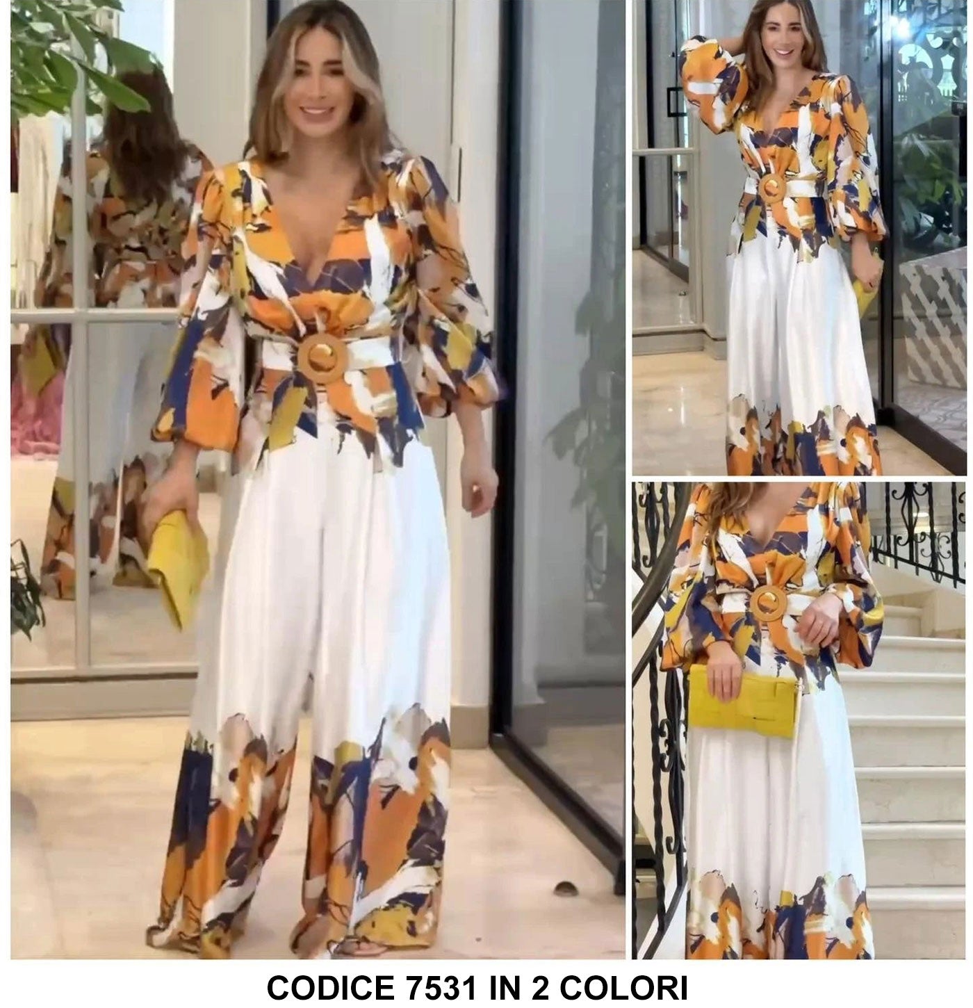 Tuta Intera Elegante Colorata Multicolore con Cintura Scollo V Manica Lunga Jumpsuit Estate in 2 Colori - 7531