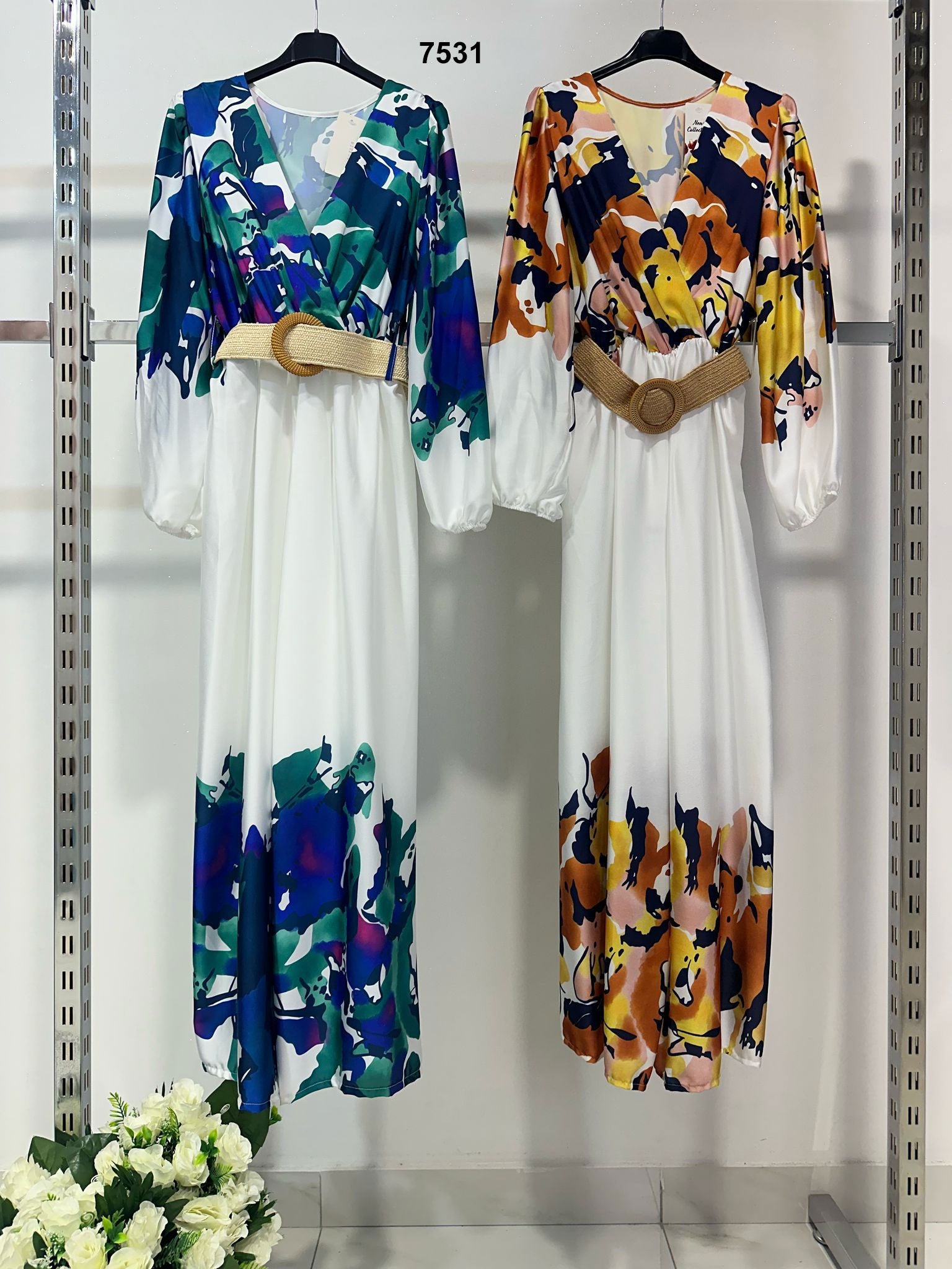 Tuta Intera Elegante Colorata Multicolore con Cintura Scollo V Manica Lunga Jumpsuit Estate in 2 Colori - 7531