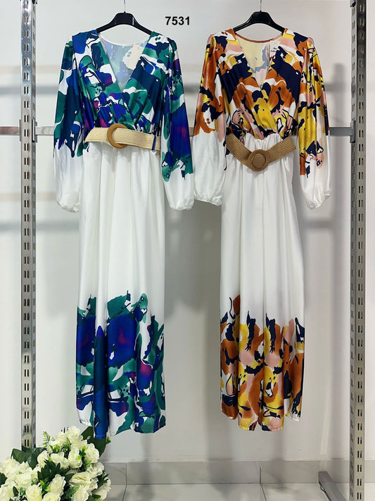 Tuta Intera Elegante Colorata Multicolore con Cintura Scollo V Manica Lunga Jumpsuit Estate in 2 Colori - 7531