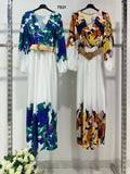 Tuta Intera Elegante Colorata Multicolore con Cintura Scollo V Manica Lunga Jumpsuit Estate in 2 Colori - 7531