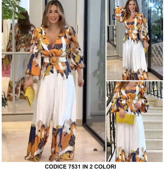 Tuta Intera Elegante Colorata Multicolore con Cintura Scollo V Manica Lunga Jumpsuit Estate in 2 Colori - 7531