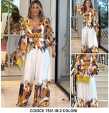 Tuta Intera Elegante Colorata Multicolore con Cintura Scollo V Manica Lunga Jumpsuit Estate in 2 Colori - 7531