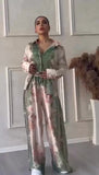 Completo Camicia Pantalone Palazzo Stile Kimono Giappone Coordinato Rasato Verde Beige Rosa - 7532