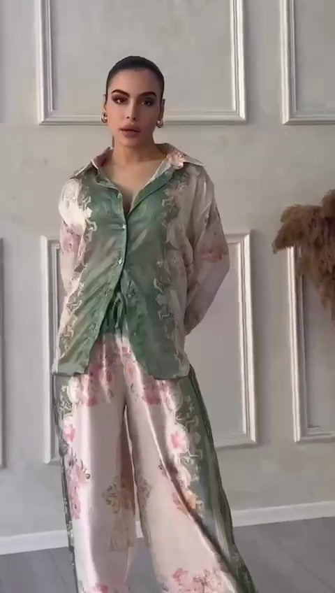 Completo Camicia Pantalone Palazzo Stile Kimono Giappone Coordinato Rasato Verde Beige Rosa - 7532