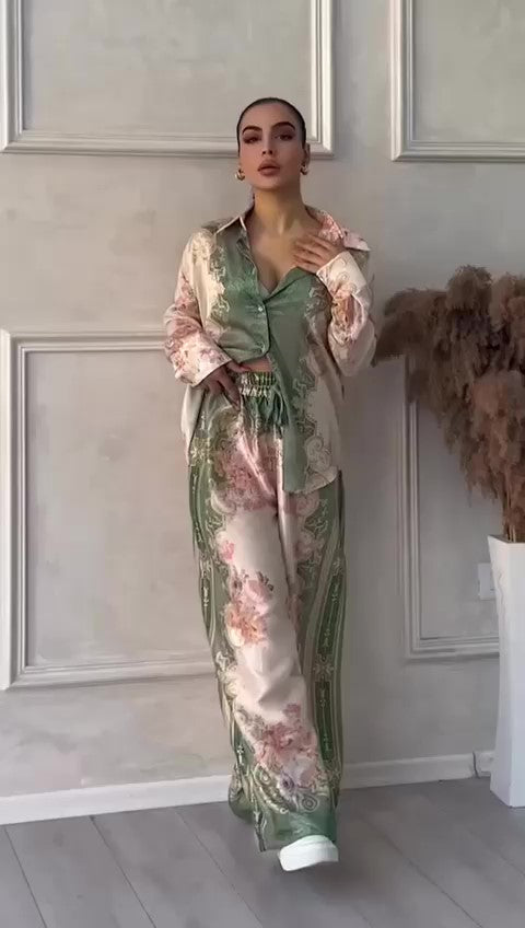 Completo Camicia Pantalone Palazzo Stile Kimono Giappone Coordinato Rasato Verde Beige Rosa - 7532