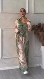 Completo Camicia Pantalone Palazzo Stile Kimono Giappone Coordinato Rasato Verde Beige Rosa - 7532