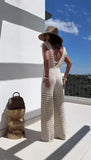 Tuta Casual Intera Estate Smanicata Scollo V Pantalone Palazzo Copricostume Traforato in Beige - 7534Out
