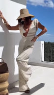 Tuta Casual Intera Estate Smanicata Scollo V Pantalone Palazzo Copricostume Traforato in 6 Colori - 7534