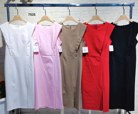 Abito Lungo Midi al Ginocchio Smanicato Spacco Laterale Elegante Vestito Evento Serata in 5 Colori - 7535