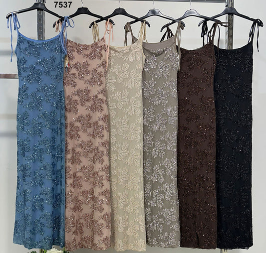 Abito Lungo Elegante Smanicato Applicazione di Strass Stampa FIori Vestito Casual Serata in 6 Colori - 7537